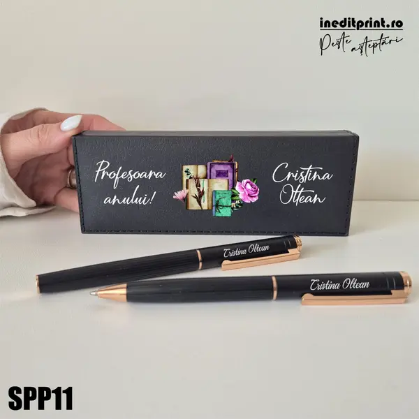 Set pixuri in cutie personalizata - profesori, Set 2 Pixuri Okonel-Negru SPP11 Set 2 Pixuri + Toc Blexa-Negru-Rose