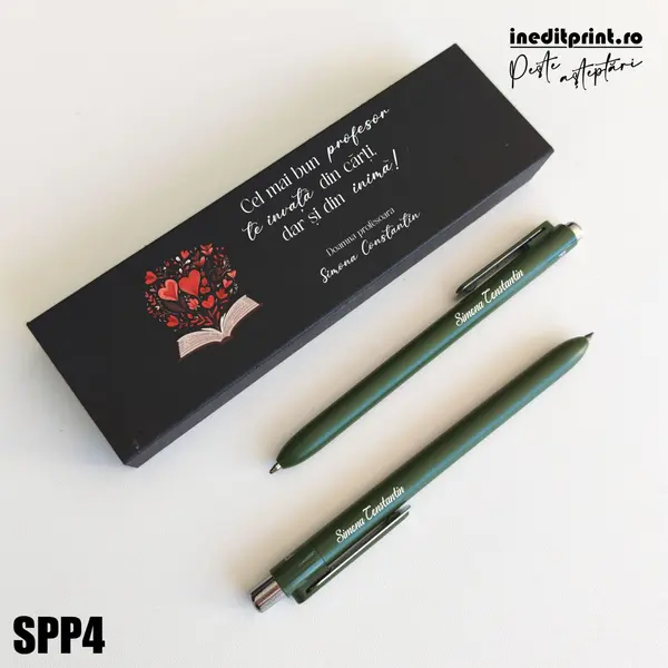 Set pixuri in cutie personalizata - profesori, Set 2 Pixuri Okonel-Negru SPP4 Set Pix + Creion Dayal-Verde inchis
