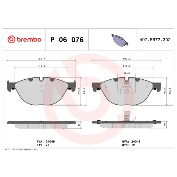 Set placute frana disc BREMBO P 06 076