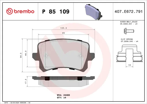 Set placute frana spate Brembo P 85 109 Audi, VW, Skoda, Seat