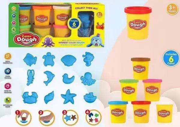 Set plastilina 6 culori cu forme de animale marine - pasta de modelat pentru copii