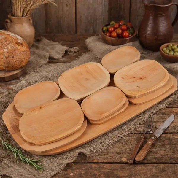 Set platou pentru servit din lemn cu 12 farfurii 58x30, 20x14, 16x11 cm