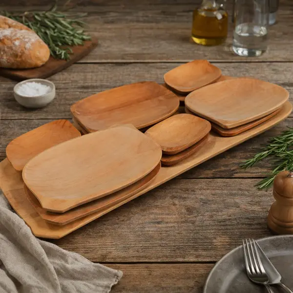 Set platou pentru servit din lemn cu 12 farfurii 67x35, 26x19, 16x11