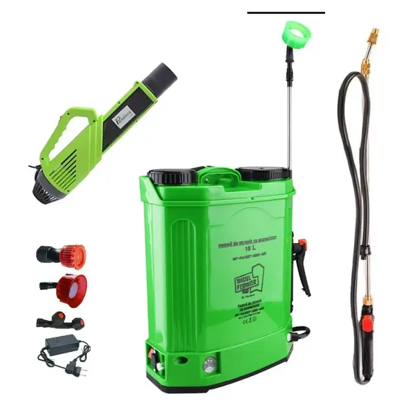 Set Pompa de stropit cu acumulator + manuala, 2 in 1, 16L, Micul Fermier by Pandora + Atomizor + Lance telescopica 2.7m, vermorel electric