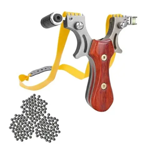 Set prastie cu lase, Sling Queen, metalic, 11.5 cm, cu boloboc, maner lemn, maro si 300 bile de 7 mm