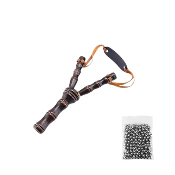 Set prastie din lemn si 100 bile metalice 6 mm pentru airsoft si prastie, 19 cm, Maro