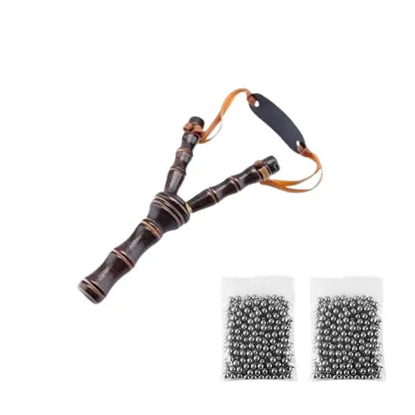 Set prastie din lemn si 200 bile metalice 9 mm pentru airsoft si prastie, 19 cm, Maro