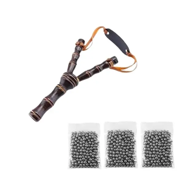 Set prastie din lemn si 300 bile metalice 10 mm pentru airsoft si prastie, 19 cm, Maro