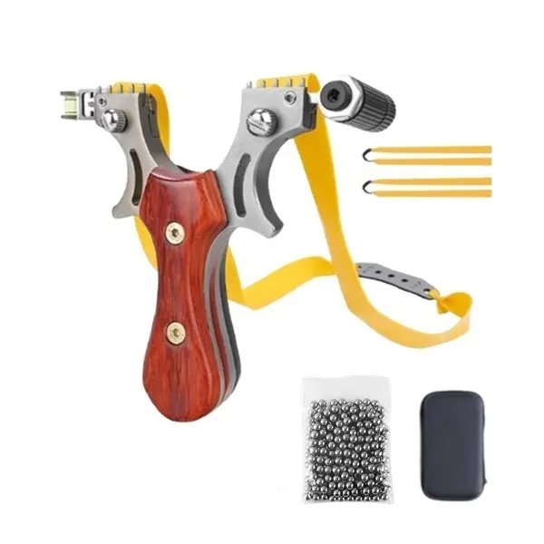 Set prastie metalica cu laser si 100 bile metalice 7 mm, 12 cm, boloboc, maner lemn, maro, husa inclusa