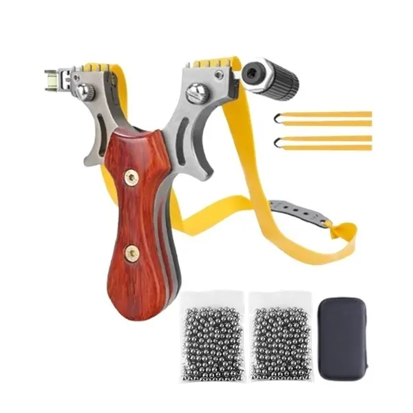 Set prastie metalica cu laser si 200 bile metalice 10 mm, 12 cm, boloboc, maner lemn, maro, husa inclusa