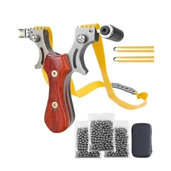 Set prastie metalica cu laser si 300 bile metalice 7 mm, 12 cm, boloboc, maner lemn, maro, husa inclusa