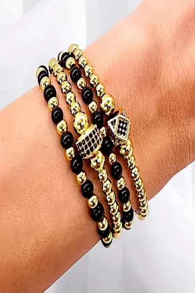 Set Precious, patru bratari unisex, cu bile din inox, si cristale zirconiu