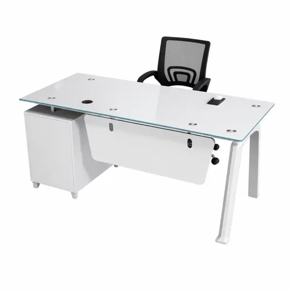 Set Prime & FlexiPro - Birou cu blat de sticla, dulap lateral fix si Scaun de birou ergonomic cu spatar mesh