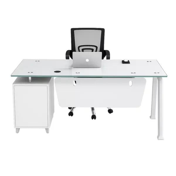Set Prime & FlexiPro - Birou cu blat de sticla,dulap lateral fix si Scaun de birou ergonomic FlexiPro cu spatar mesh