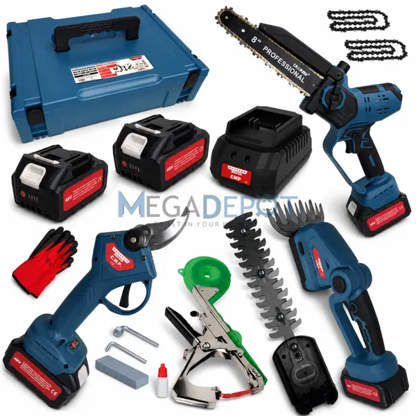 Set Profesional 5 in 1 pe Acumulator ALTAI Campion PRO - 48V 6Ah, 2 Acumulatori, Fierastrau, Foarfeca crengi, Masina de tuns gard viu gazon Aparat vita-de-vie