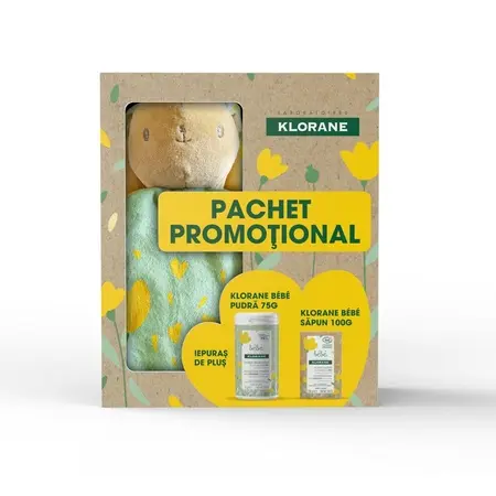 Set Pudra protectoare pentru bebelusi 75 g + Sapun solid bio pentru corp si par 100 g + Iepuras de plus, Klorane Bebe
