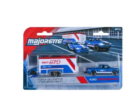 Set remorca de curse Majorette Transporter Deluxe Ford F 150 Raptor si masinuta Ford Mustang Gt