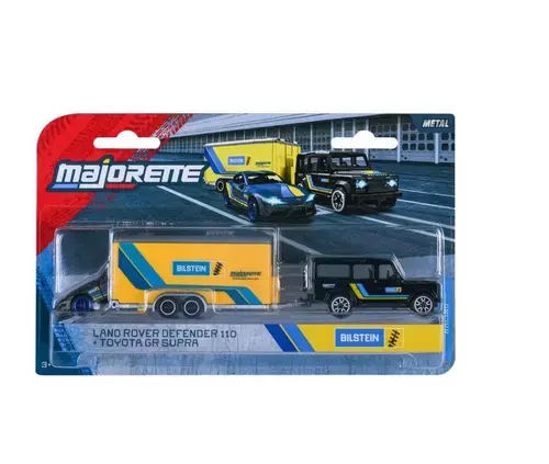 Set remorca de curse Majorette Transporter Deluxe Land Rover Defender 110 si masinuta Toyota Gr Supra