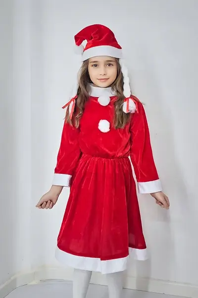 Set rochie Craciunita din catifea, Missy Claus, cu caciula si codite, Marime 3-5 ani