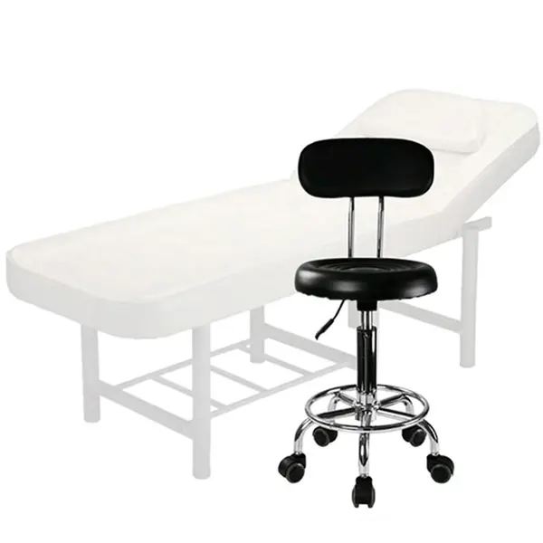 Set salon - Scaun hidraulic cu spatar, Taburet rotativ, Negru + Masa cosmetica, Pat masaj profesional, 186x70x65cm, Piele Ecologica, Alb