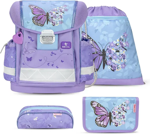 Set școlar Belmil - Purple Blue Butterfly, rucsac, două penare și sac