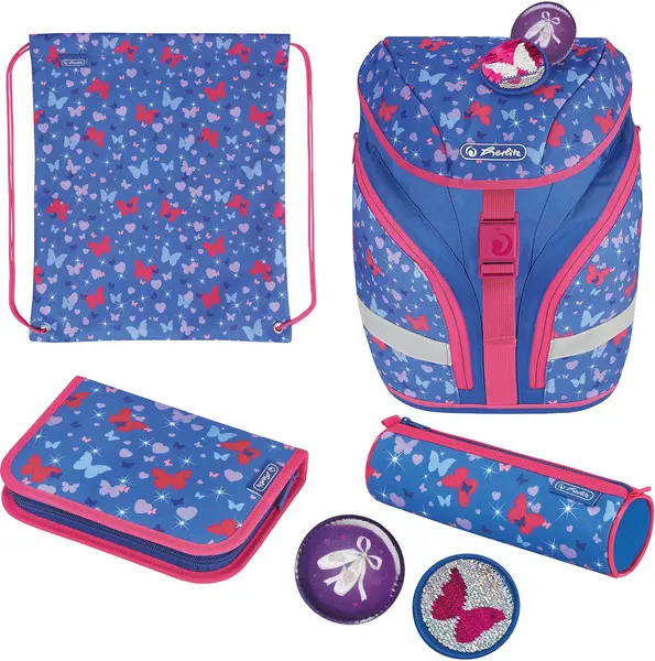Set școlar Herlitz SoftLight Plus - Butterfly, ghiozdan, două penare și un săculeț