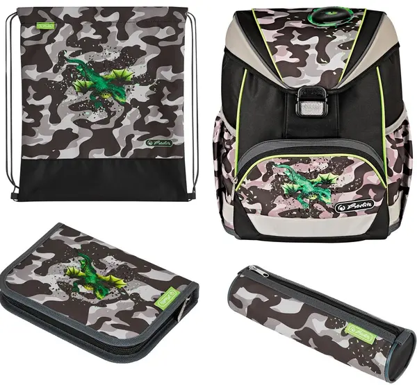Set școlar Herlitz UltraLight Plus - Camo Dragon, ghiozdan, două penare și un săculeț