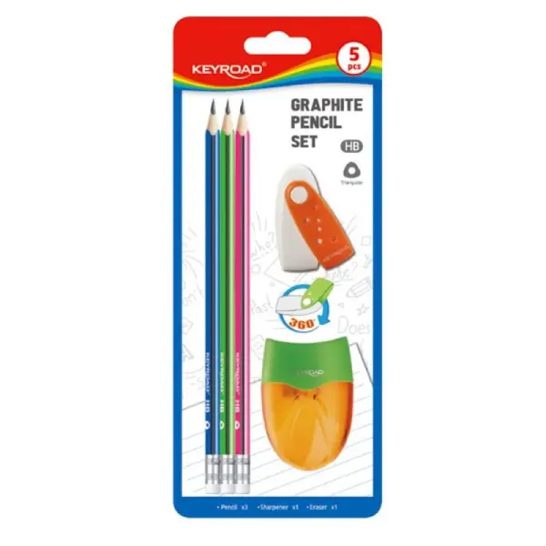 Set scolar Keyroad, 5 piese, 3x creioane, ascutitoare, radiera