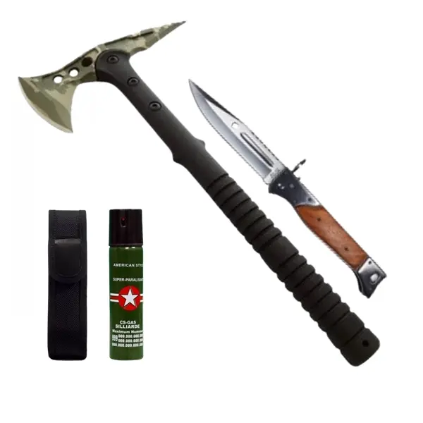 Set secure supravietuire, briceag vanatoare si spray autoaparare DEPOX , otel inoxidabil, verde, 40 cm 22 cm 60 ml, teaca inclusa
