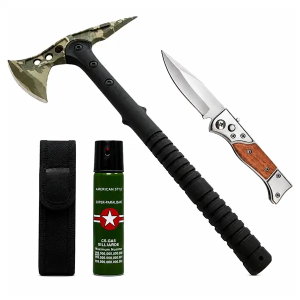 Set secure supravietuire, cutit automat si spray autoaparare DEPOX , otel inoxidabil, verde, 40 cm 16.5 cm 110 ml, teaca inclusa