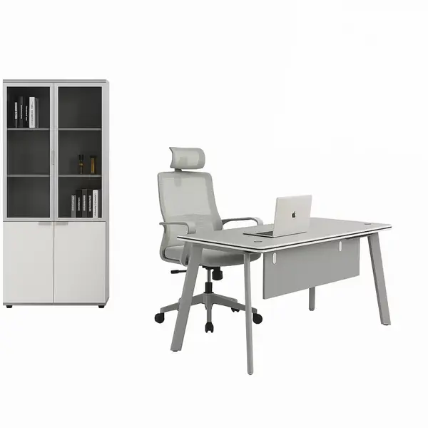 Set Serenity & Calvena - Birou cu dulap lateral, scaun ergonomic si dulap de depozitare cu usi din sticla