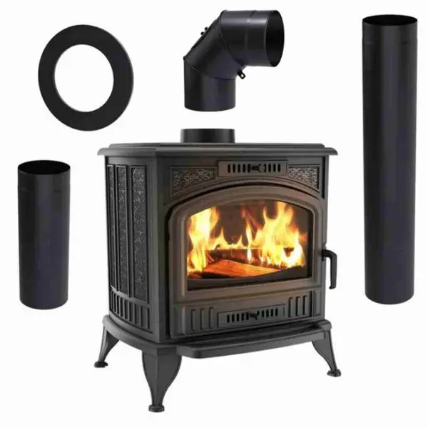 Set soba pe lemne robusta cu perete dublu fonta K6 + piese de racordare si reglaj aer 118kg neagra