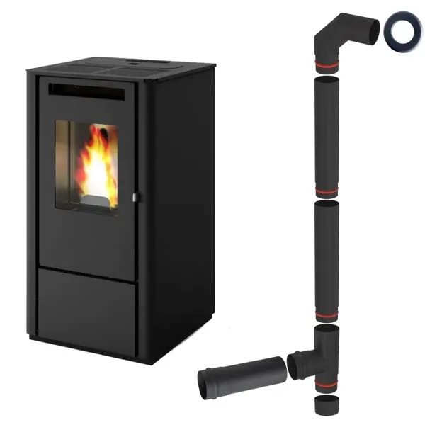 Set soba pe peleti cu aer cald si piese de racordare 9,5kW neagra