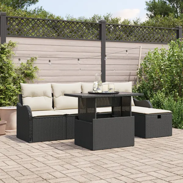Set sofa de gradina cu 6 piese si perne negru poliratan Gossi, sofa de gradina cu 2 locuri si perne negru poliratan Gossi
