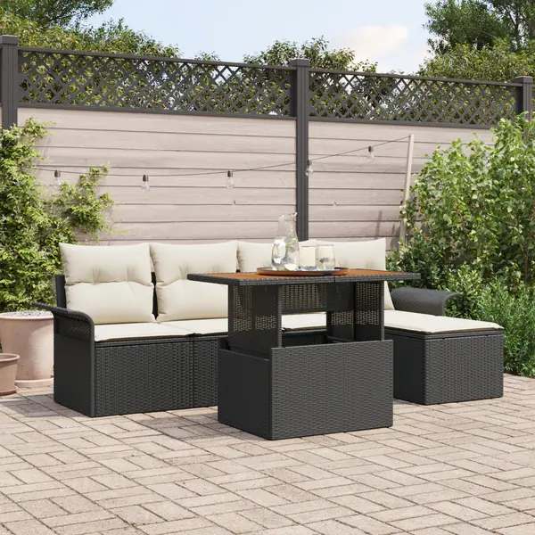 Set sofa gradina Gossi 6 piese cu pernite ratan poliat negru, sofa gradina Gossi 2 locuri cu spatiu depozitare & pernite ratan poliat negru