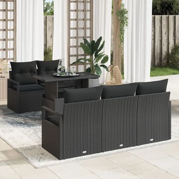 Set sofa gradina Gossi cu pernute negru ratan poli, sofa gradina Gossi pentru 2 persoane cu spatiu stocare & pernute negru ratan poli