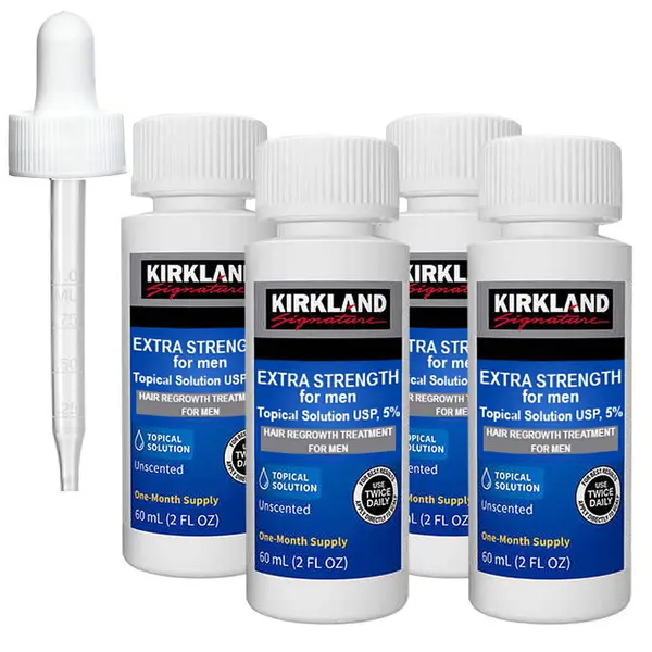 Set Solutie, Kirkland, Minoxidil 5%, pentru Stimularea Cresterii Parului si a Barbii, Pipeta Inclusa, 4x 60ml