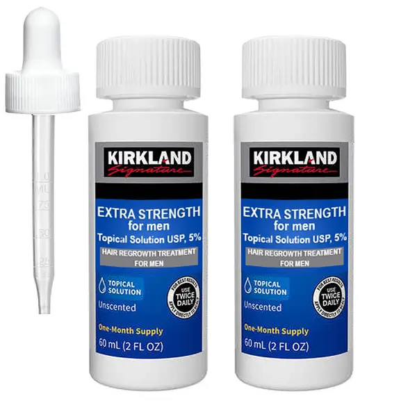 Set Solutie, Kirkland, Minoxidil 5%, pentru Stimularea Cresterii Parului si a Barbii, Pipeta Inclusa, 2x 60ml