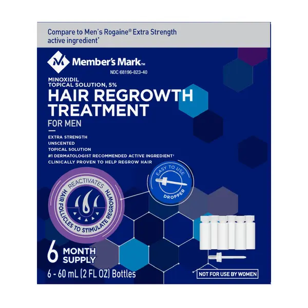 Set Solutie, Member's Mark, Minoxidil 5%, Tratament Impotriva Caderii Parului, pentru Barbati, Pipeta Inclusa, 6x 60ml