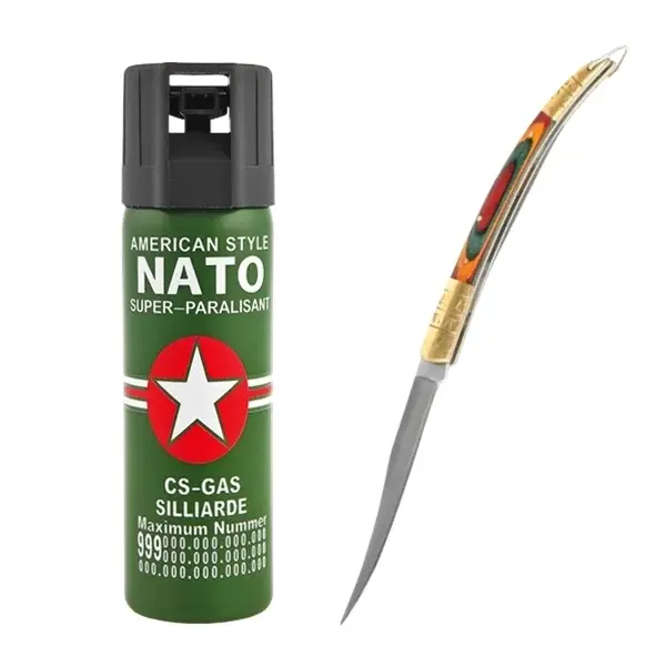 Set spray cu piper si cutit model spaniol 18 cm, auto-aparare, 110 ml, verde
