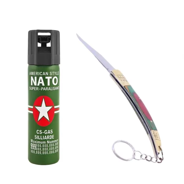 Set spray cu piper si cutit model spaniol 18 cm, auto-aparare, 60 ml, verde