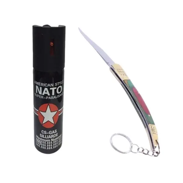 Set spray cu piper si cutit model spaniol 20.5 cm, auto-aparare, 90 ml