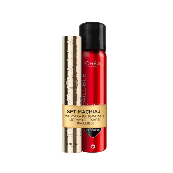 Set Spray de fixare rezistent la transfer Infaillible 3 Second Setting Mist 75ml + Mascara Panorama By Volume Million Lashes Black 9.9ml, L'Oreal Paris