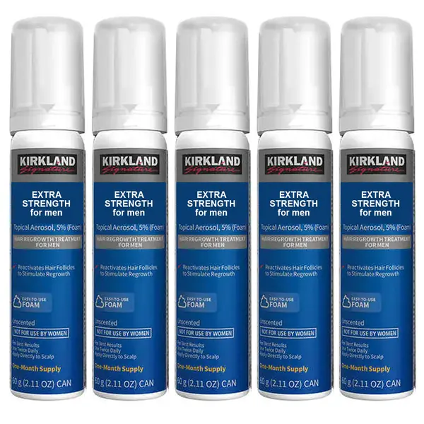 Set Spuma, Kirkland, Minoxidil 5%, pentru Stimularea Cresterii Parului si a Barbii, 5x 60ml