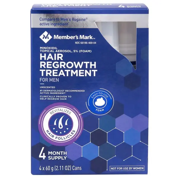 Set Spuma, Member's Mark, Minoxidil 5%, Tratament Impotriva Caderii Parului, pentru Barbati, fara Parfum, 4x 60ml