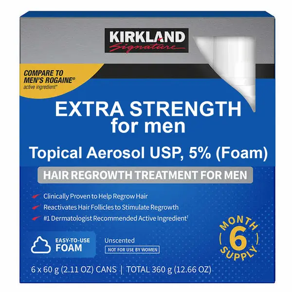 Set Spuma, Minoxidil 5%, Kirkland, pentru Stimularea Cresterii Parului si a Barbii, 6x 60ml