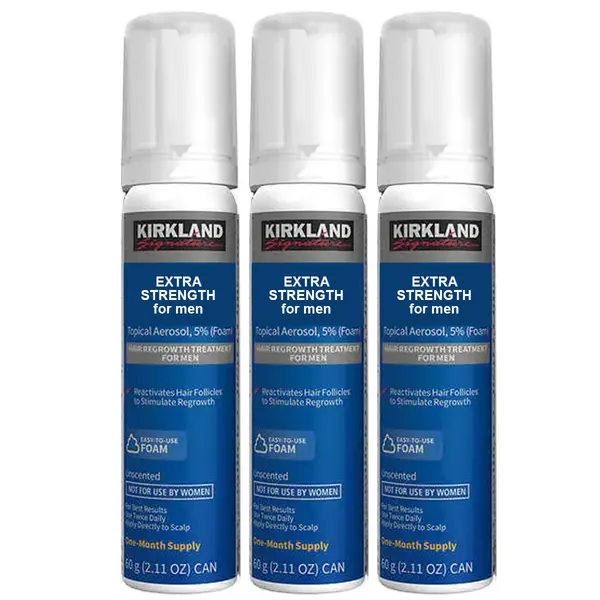 Set Spuma, Minoxidil 5%, Kirkland, pentru Stimularea Cresterii Parului si a Barbii, 3x 60ml