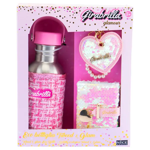 Set sticla de apa Tweed Girabrilla - sticla cu husa tweed, breloc fashion si mini-jurnal cu paiete