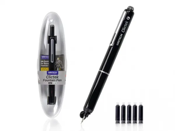Set stilou retractabil Writech cu 5 rezerve cerneala albastru,grosime penita F, corp negru,cutie depozitare