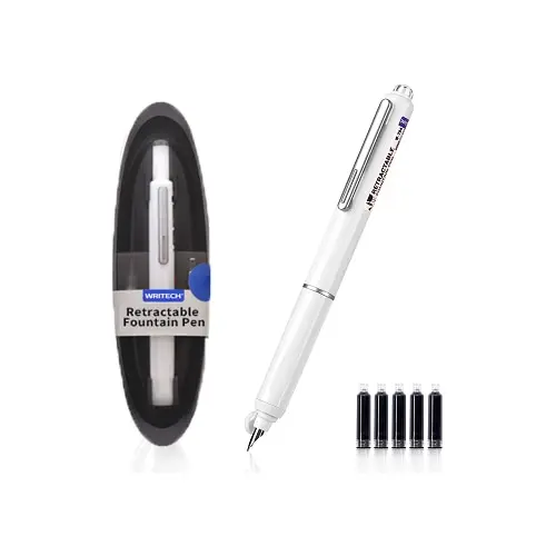 Set stilou retractabil Writech cu 5 rezerve cerneala albastru,grosime penita F, corp alb,cutie depozitare